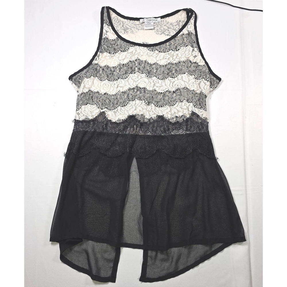 Sheer Lace Split Back Tank Top Womens S Black White Boho Festival Layered Y2K